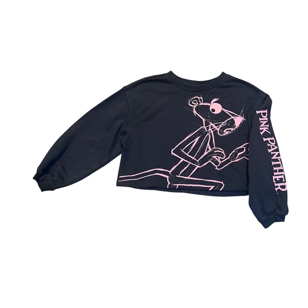 H&M Pink Panther Cropped Sweatshirt Black Pink Graphic Pullover Girls Size 8-10Y